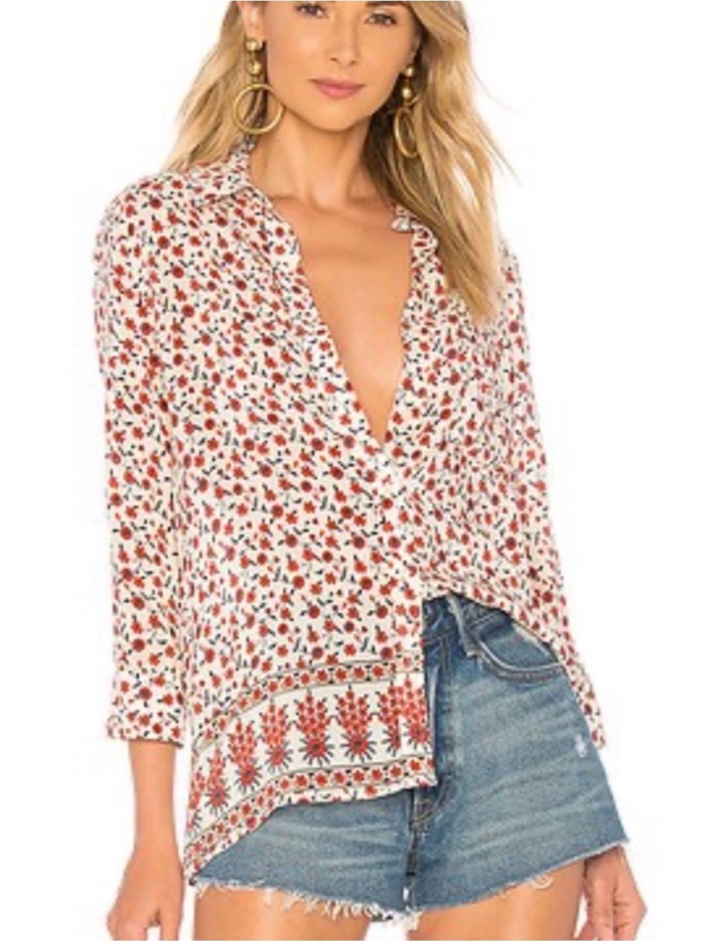 Anine Bing White Button-Down Blouse with Red Floral Print